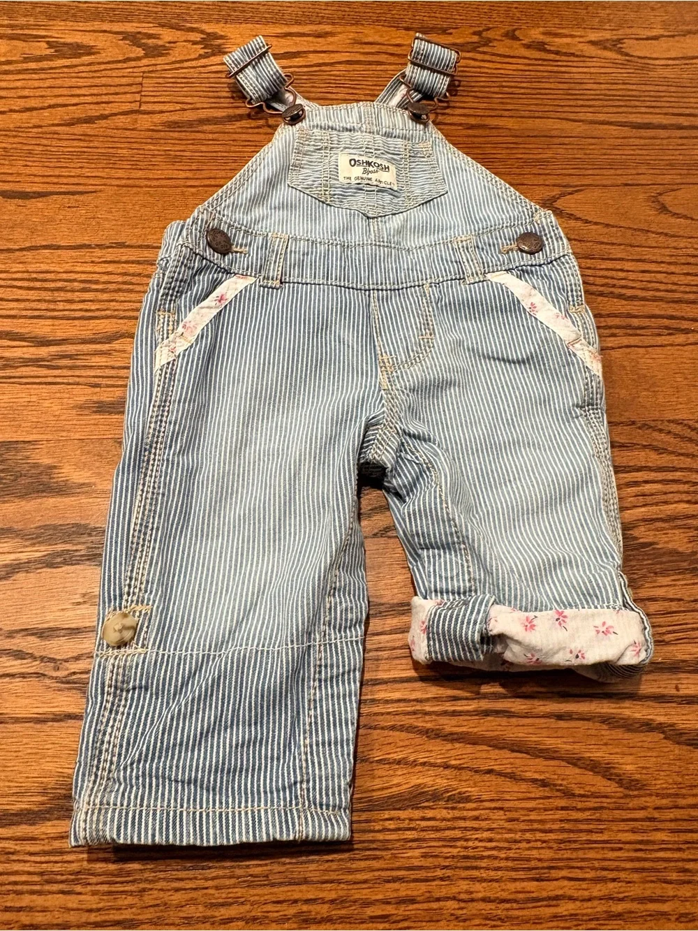 OshKosh B'gosh Light Blue Pinstripe Baby Overalls with Floral Trim